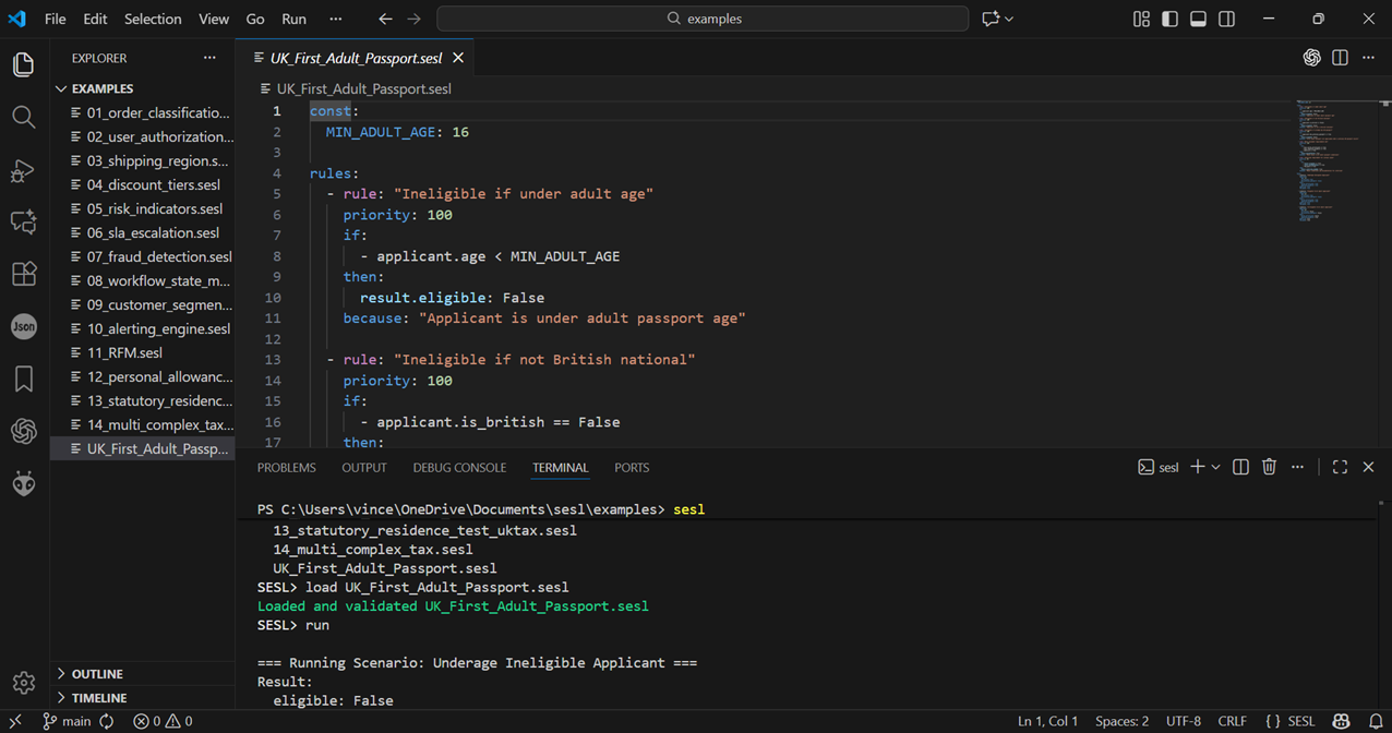 Screenshot of SESL in a vs-code editor